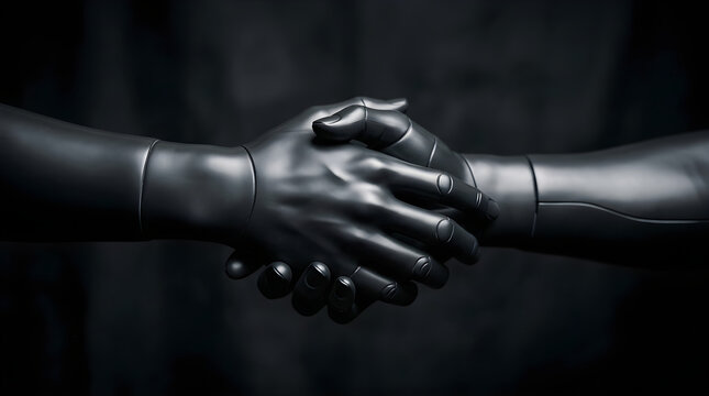 Close-up of a human handshake with a robotic hand in a dark setting, high tech