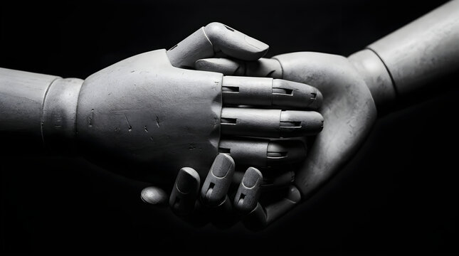 Human hand gently holding a robotic hand in a dark background with black and whi