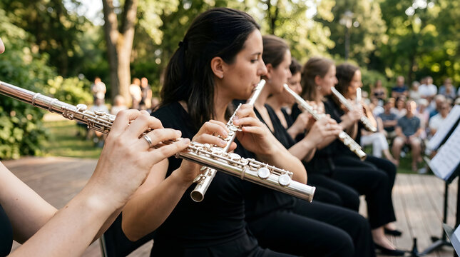 Flute players performing in a park setting with outdoor activity, music performa