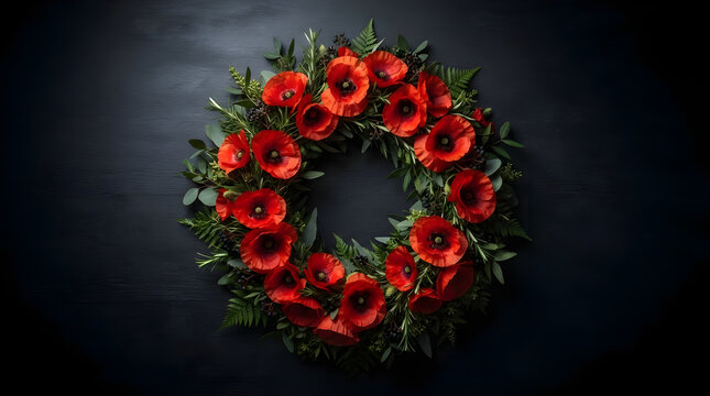 Red poppy wreath on dark background with red flowers, floral arrangement
