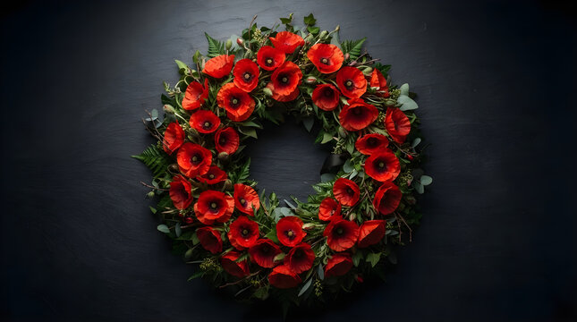 Red poppy wreath on dark background with red flowers, floral arrangement