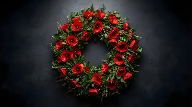 Elegant red rose wreath on dark background with red roses, wreath decoration