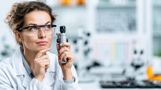 Gemologist holding a refractometer in a gemology lab while thinking. Concept of quiz, consultation and trivia about gemology.