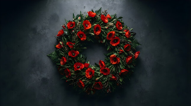 Red rose wreath on dark background with red roses wreath decoration background