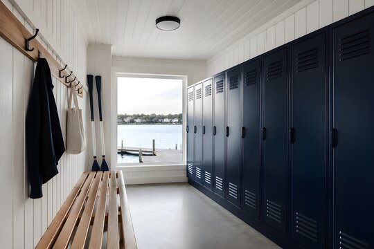 Minimalist Rowing Club Changing Room With Timber Walls Navy Lockers Oak Bench And Waterfront Daylight