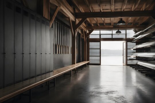 Minimalist Rowing Boathouse Locker Room With Timber Beams Gray Lockers Long Bench And Misty Daylight