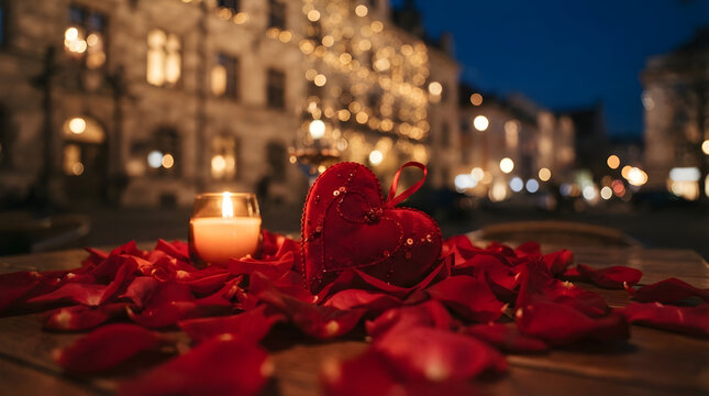 Intimate valentine's day scene with rose petals heart-shaped chocolate, ambiance
