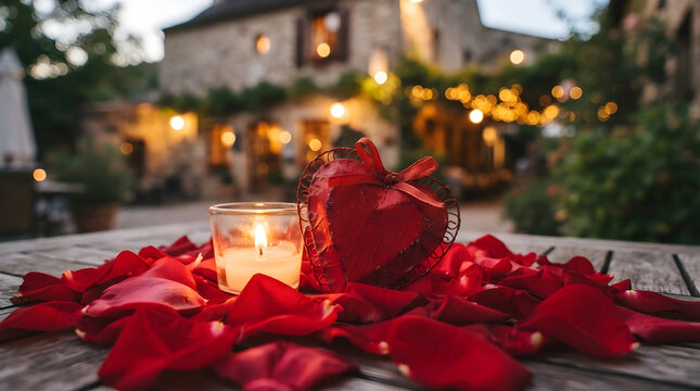 Romantic valentine's day setting with red roses and candle on wooden table