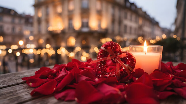 Valentine's day ambiance with red roses and candle on wooden table, valentine