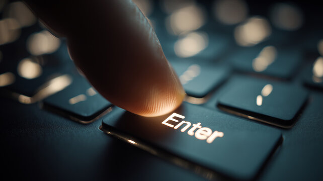 Close up of a human finger pressing the glowing Enter key on a dark computer keyboard, highlighting the concept of starting, confirming, or executing a digital command