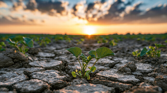 A small green plant grows from cracked, parched soil at sunset. This image represents drought, environmental sustainability, and agricultural resilience.