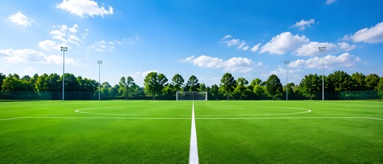 Soccer Field With Bright Green Turf Empty Goals And Clear Blue Sky Sports Landscape Scene