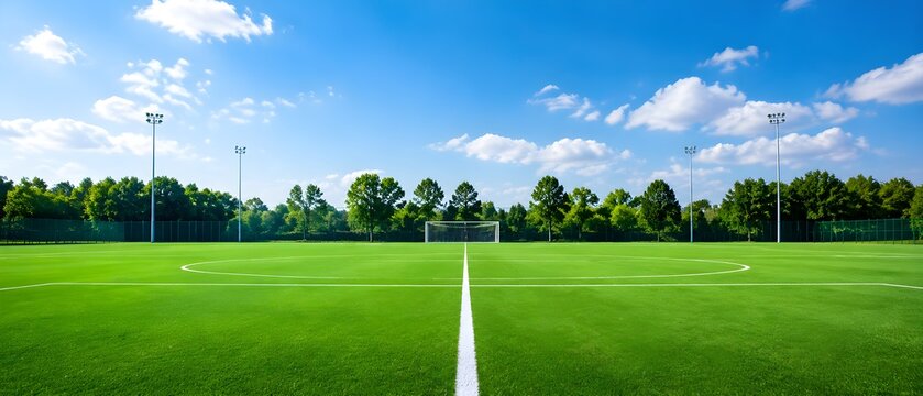 Soccer Field With Bright Green Turf Empty Goals And Clear Blue Sky Sports Landscape Scene