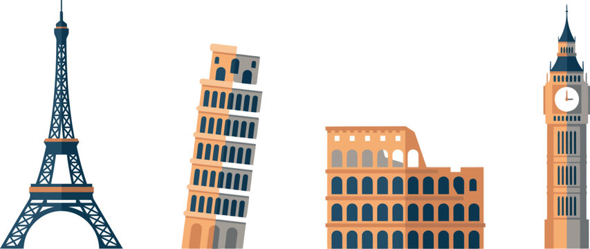 European Landmark Travel Icon Set Featuring Famous Historic Monuments Including Eiffel Tower, Leaning Tower of Pisa, Roman Colosseum, and Big Ben Clock Tower Vectors
