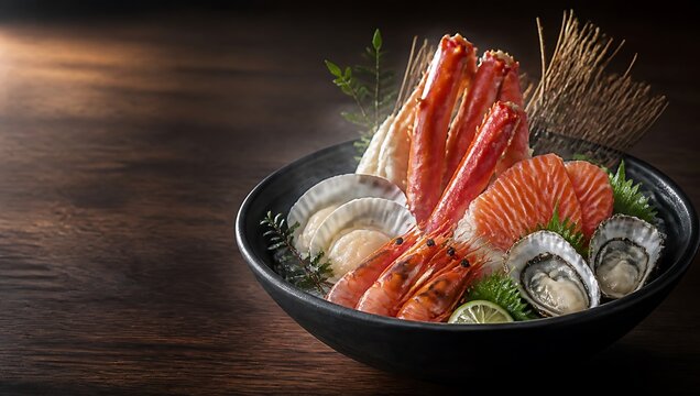 Delicious seafood platter with shrimp crab salmon and oysters on a plate