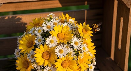 A bouquet of white and yellow daisies on a wooden surface with a bee flying © TAUSIN