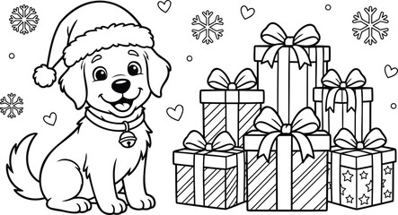 Fototapeta premium Cheerful cartoon puppy in santa hat celebrating christmas with decorated tree and presents holiday decorated christmas tree