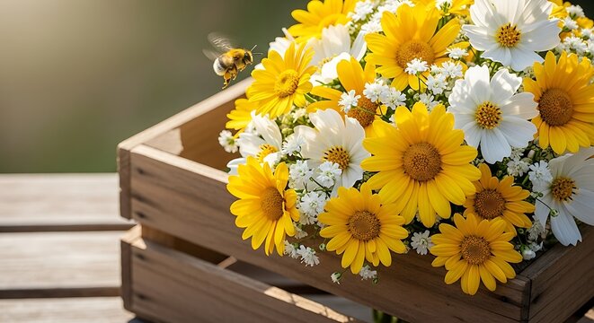 Bee flying around yellow and white daisies in wooden crate on table outdoor