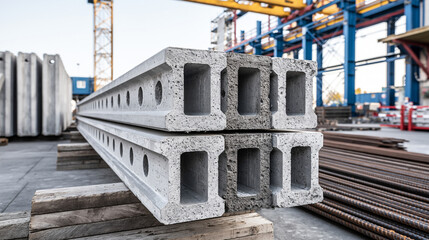 Fototapeta premium Stacked precast concrete I-beams at a construction site factory. Ideal for architectural planning, structural engineering, and building development projects.