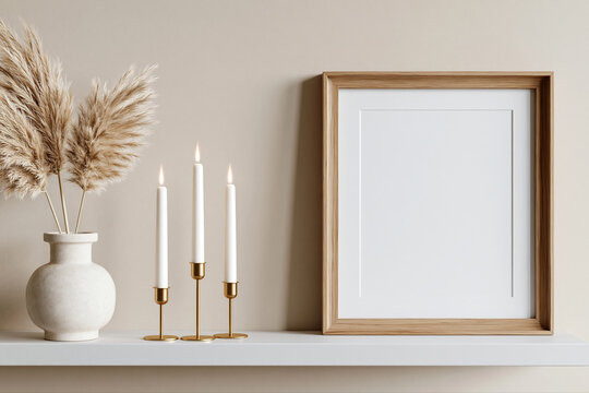 Blank wooden picture frame mockup styled with pampas grass and candles on a minimalist shelf