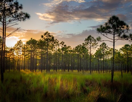 evening in the middle of regenerating longleaf pine forest in florida