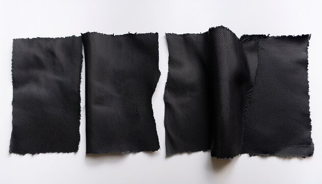 four torn black fabric swatches laid flat on a white background