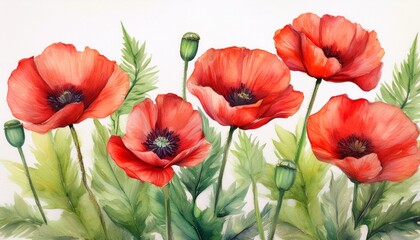 Obraz premium watercolor poppies with green leaves