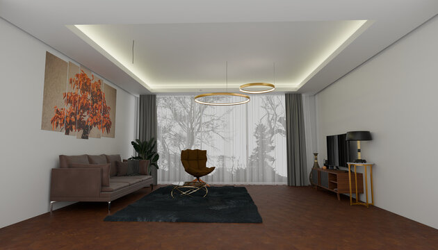 Modern Living Room Ambiance: A stylishly appointed modern living room features a plush sofa, elegant armchair, and contemporary decor, illuminated by soft, ambient lighting.