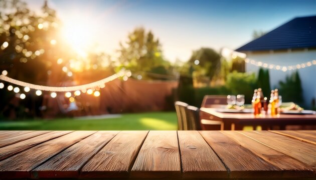 summer time party in backyard with empty wooden table and blurred background