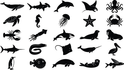 Deep sea marine wildlife silhouette compilation presenting aquatic animals ocean creatures icons and coral reef fauna stencils with blue outlines © Maruf