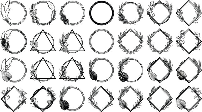 Bohemian geometric wreaths collection showcasing delicate floral frames interwoven feathers rustic twigs and botanical shapes inside line art borders