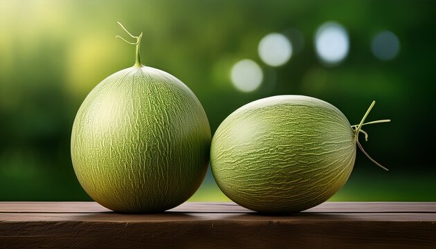 two green melons on a wooden table with a blurred green background