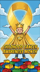 Obraz premium Child superhero with gold ribbon crown on lego blocks.