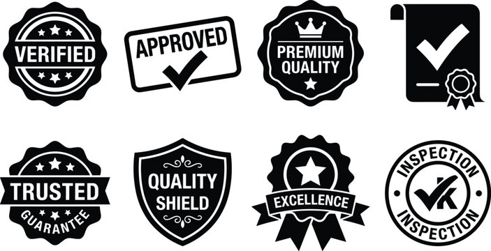Quality Assurance Certification Badge Black Silhouette Icon Set Verified Approved Excellence Vector Collection