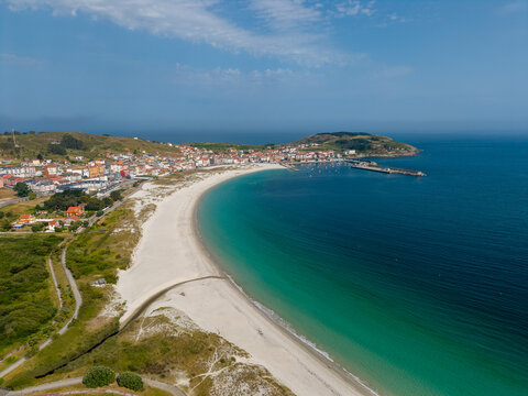 Aerial view laxe beach and coastal town in galicia
