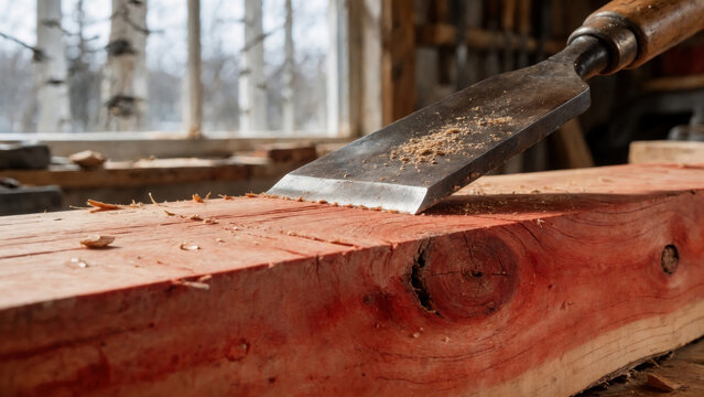Close-up of a sharp vintage woodworking chisel carving a rustic red cedar wood beam with fresh sawdust in a bright timber craftsman workshop