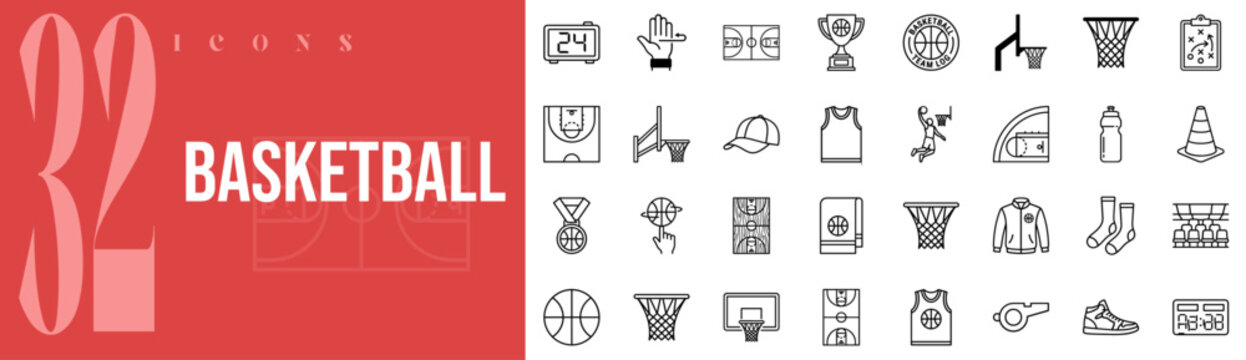 Basketball Sport 32 Outline Icons Vector Set