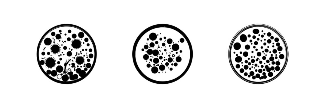 Petri dish set with solid black silhouette and crisp circular outlines featuring microbiology theme, bacteria cultures, illustration with vector graphics and white background