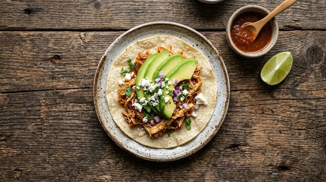 Tinga de pollo taco with avocado slices overhead composition stock food photography