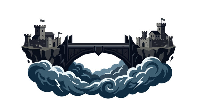 Floating pixel art castles on dark clouds with a stone bridge