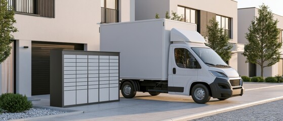 Obraz premium Delivery truck parked near mailboxes in a residential area during daylight hours