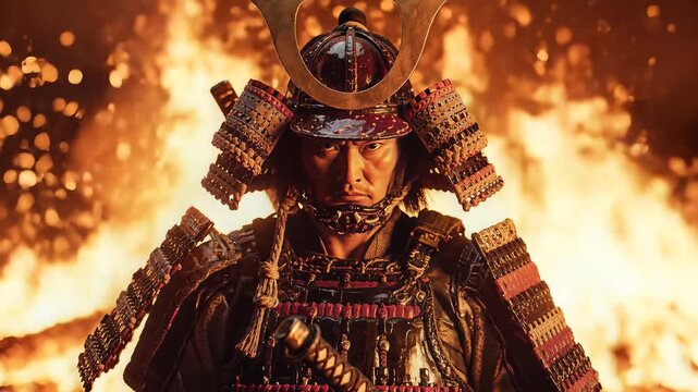 Dramatic warrior in ornate armor standing amidst fiery background