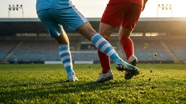 Two soccer players' legs in action on a green field during a match at a stadium with sunlight.