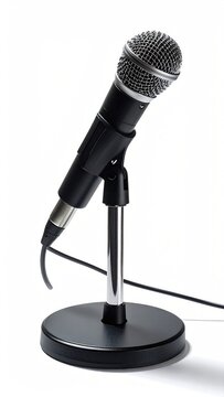Silver-toned microphone with a black grille on a dark stand
