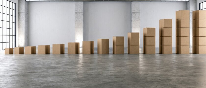 Warehouse space with stacked boxes arranged in a line showing different heights during bright daylight