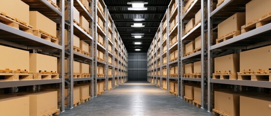 Obraz premium Storage area with shelves full of boxes in a warehouse setting