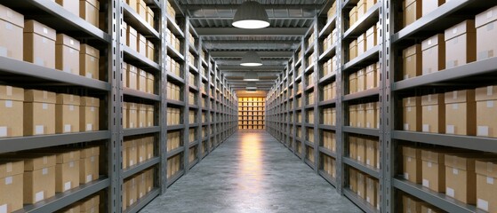 Fototapeta premium Large storage area filled with boxes and shelves in a warehouse environment during daytime