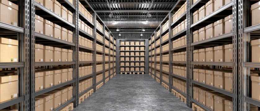 Rows of storage boxes in a warehouse with shelves filled on both sides