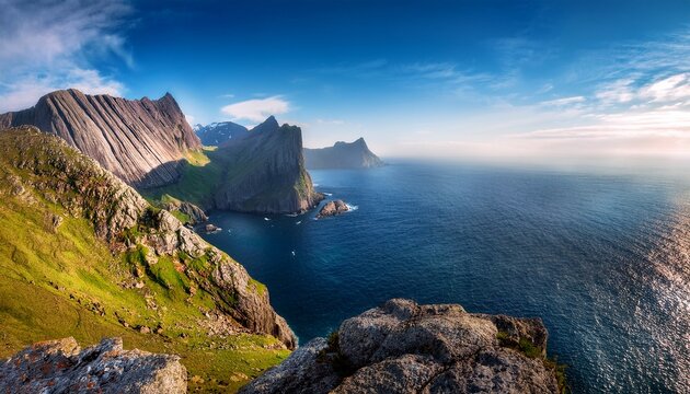 a versatile stock image showing breathtaking coastline view towering mountains embrace the sea at a rocky point spectacular scenery of mountain outcrops cliffs and ocean horizon at bight m