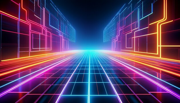 glowing led grid creates a vibrant retro digital gaming or dance floor background